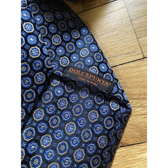 Dolcepunta Tie Mens Adjustable Blue Gold Silk Necktie Geometric Mandala Italy - Picture 3 of 5